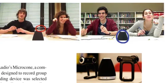 Fig. 1 A snapshot from the ELEA AVS corpus. The webcam is circled in red (left) and the Microcone is circled in blue (right)