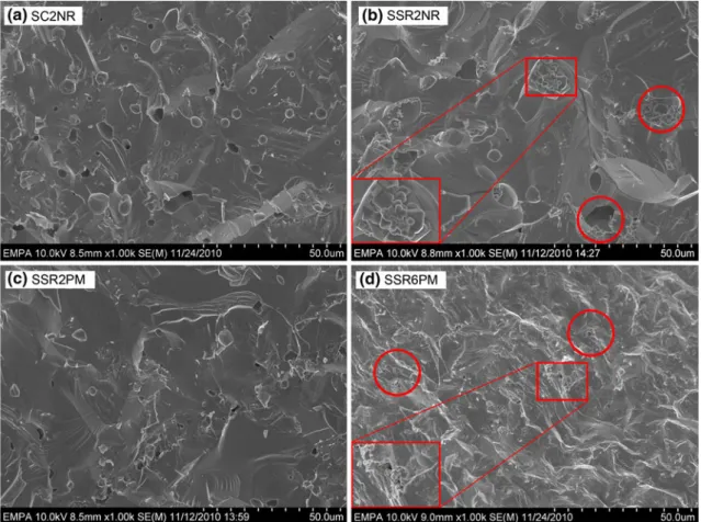 Fig. 3. SEM images of sintered samples from different synthesis processes: (a) SC2NR, (b) SSR2NR, (c) SSR2PM, and (d) SSR6PM; frames mark areas with spinel phase ZnAl 2 O 4 particles.