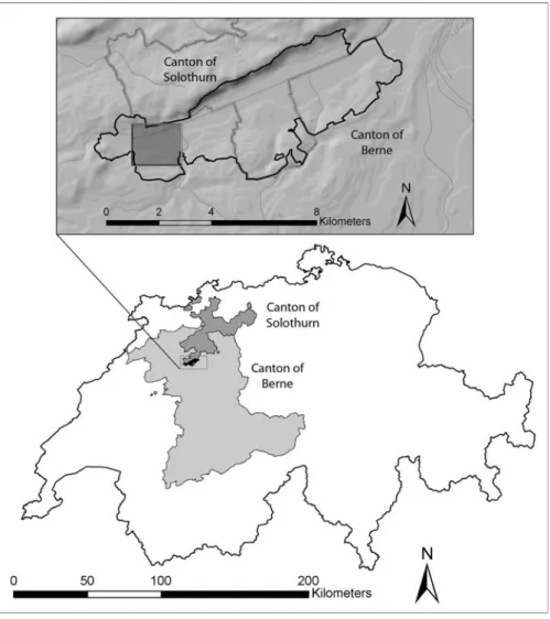 Fig. 1 The Limpach valley is located in the lowlands of Switzerland. The study area (black line) encompasses eight municipalities (not shown) and is split between the Canton of Solothurn and the Canton of Berne