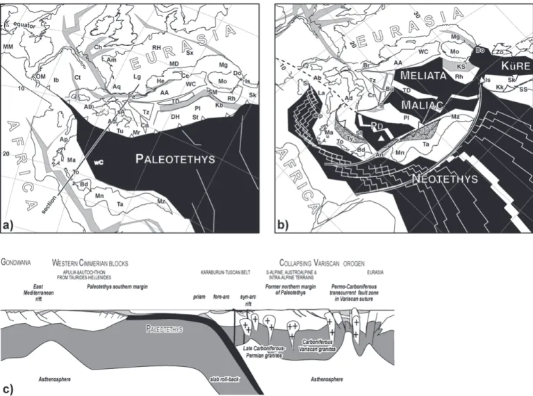 Fig. 18. Paleotectonic reconstructions in the Mediterranean area (Stampfli et al. 2003)
