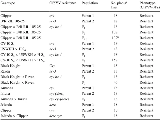 Table 3   Resistance to  ClYVV-NY in common  bean parental genotypes and  populations tested for allelism