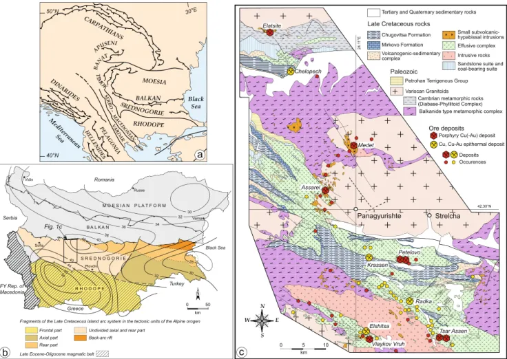 Fig. 1 a Position of the Srednogorie zone within its Alpine tectonic framework; b Tectonic units in Bulgaria