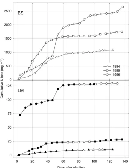 Figure 4. Cumulative loss of N in bare soil (BS) and living mulch (LM) in three experimental years