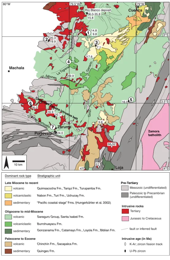 Fig. 3 Geological map of southern-central Ecuador  show-ing the positions of late  Oligo-cene to late MioOligo-cene mineral deposits investigated in this study