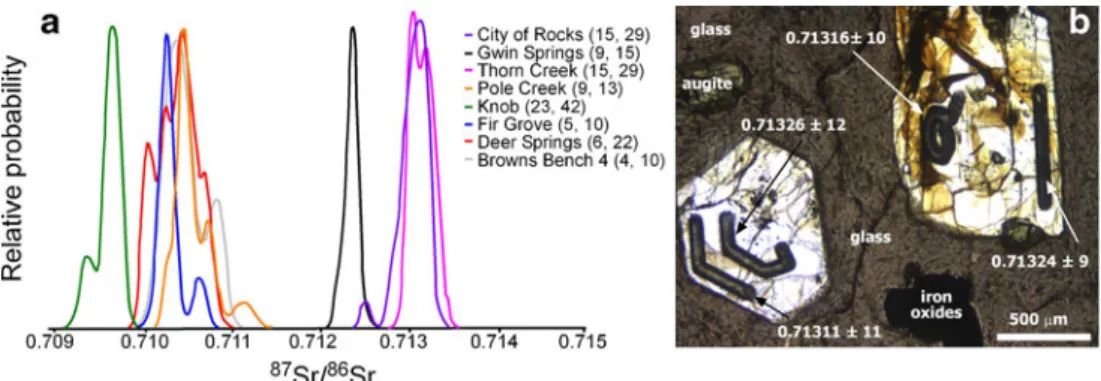 Fig. 12 a Relative probability plot for 87 Sr/ 86 Sr as determined via LA- LA-ICPMS for CSRP rhyolites (after Wolff et al