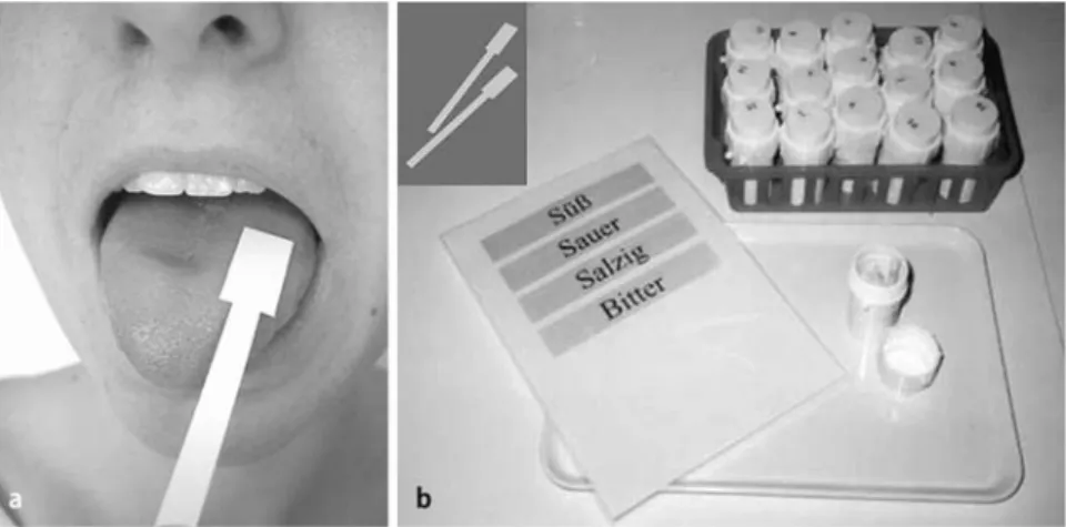 Fig. 1   A Testing procedure of the Taste Strips,  with the subject being tested with the tongue kept  outside while choosing the presented taste quality  from a descriptor list