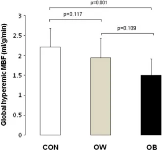 Figure 1. Global hyperemic MBF in CON, OW, and OB.