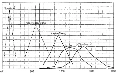 Figure 4. Diagram showing the cranial capacity range of Pithecanthropus compared with those in male gorillas, female and male Australians, and Tyrolese