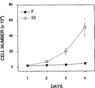 FIG. 2.  Proliferation rate  of  SIE  clones.  SIE-S2 and  SIE-F  cells  were  seeded at 2  •  104 cells/well in  12-well plates and counted after 1, 2, 3, and  4  d  as  described  in  Materials and  Methods