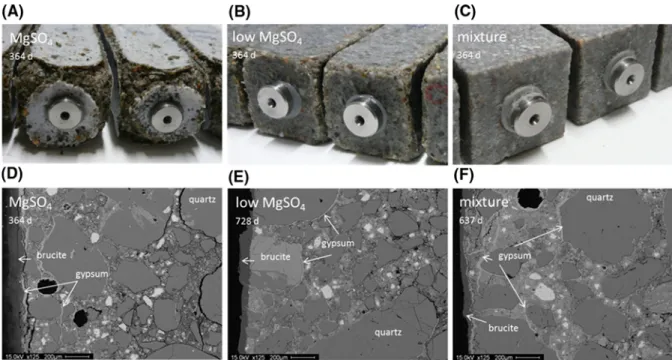 Figure 2 shows the visual appearance of the ends of the mortar bars at 1 year along with micrographs perpendicular to the main surfaces taken at 1 year for the MgSO 4 solution; and around 2 years for the low magnesium and sulfate mixture solutions