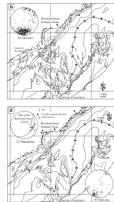 Fig. 8 Linear fabrics within the working area in map and pole figure representation. a Azimuth and dip of L1 stretching lineations; mineral lineations interpreted as stretching lineations (simple arrow); long axes of breccia components (arrow with solid do