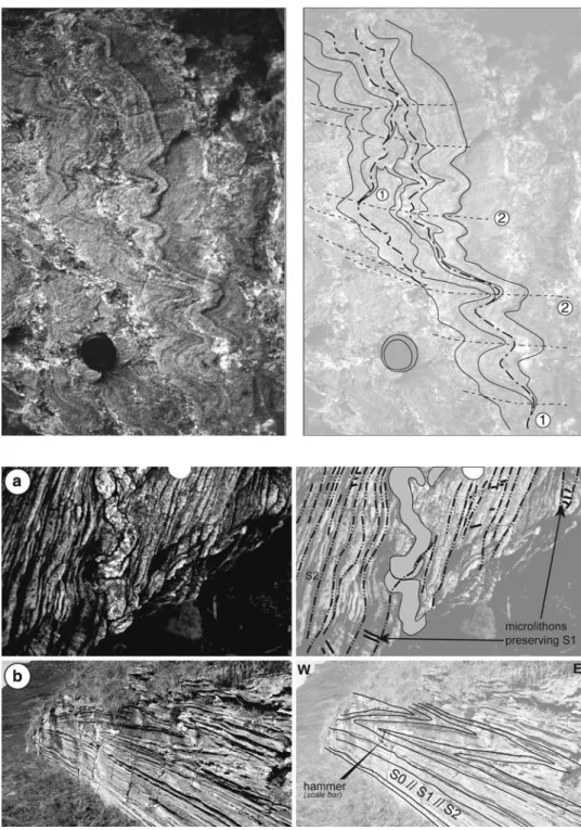 Fig. 10 Photographs and line drawings of overprinting relationships. a Sub-horizontal S1 foliation preserved in microlithons and sub-vertical spaced S2 schistosity; Permian conglomerates of the External Valais units (Mouˆtiers unit) in the Roselend pass ar