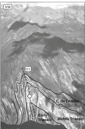 Fig. 14 Large-scale F3 fold in the Mouˆtiers unit (External Valais units) characterized by a steeply SE-dipping axial plane; 2 km SSE of les Chapieux, western slope of the Valle´e des Glaciers