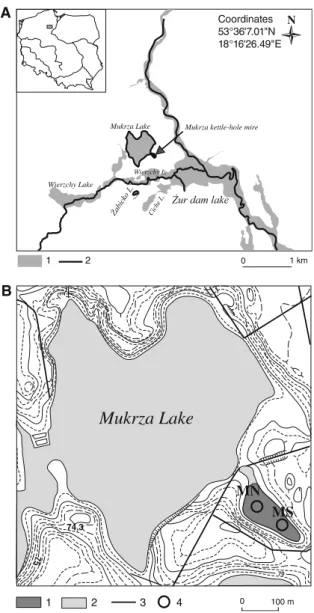 Fig. 1 Location of Mukrza lake. a Zur dam lake: _ 1 open water of Zur dam lake,_ 2 former river channel