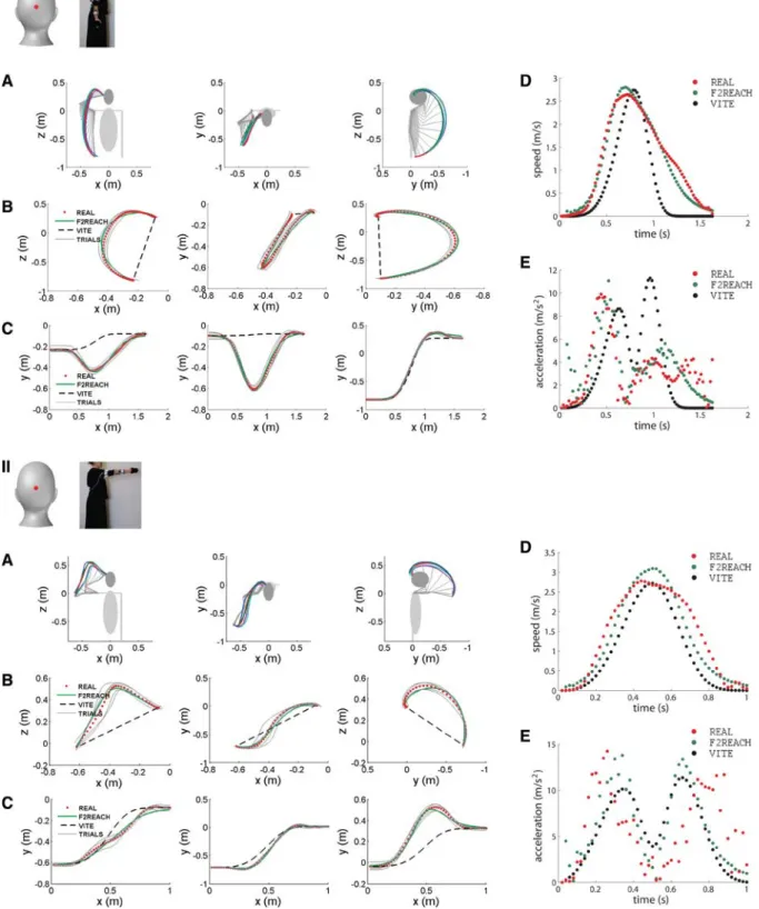 Fig. 8 Two examples of typical movements. The recorded human data is shown with points that respect the sampling rate, the original VITE model is shown with a dashed line and our extended F2REACH model with a plain line