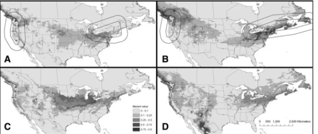 Fig. 2 Predicted introduced North American ranges of T. oleracea and Tipula paludosa. Maps A and B were trained with native range occurrences of T