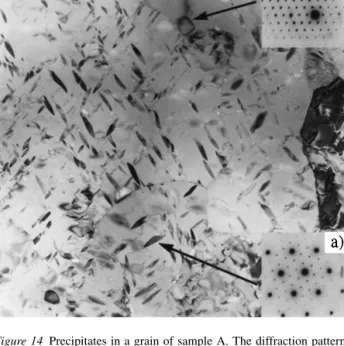 Figure 15 Precipitates in a grain of film sample B. The diffraction pat- pat-terns taken in the larger precipitates correspond to Ti 2 Ni