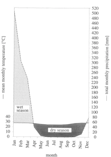 Fig. 4. Climatograph emphasizing water availability at Anjamena from October 1994 to September 1995