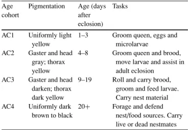 Table 1 Cuticular pigmentation, age and behavior in Pheidole dentata. Modified from Wilson (1976) and Seid et al
