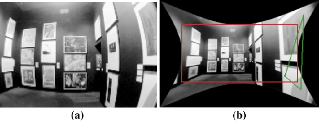 Fig. 7 a Distorted image taken by a wide angle of view lens. b Undistorted counterpart