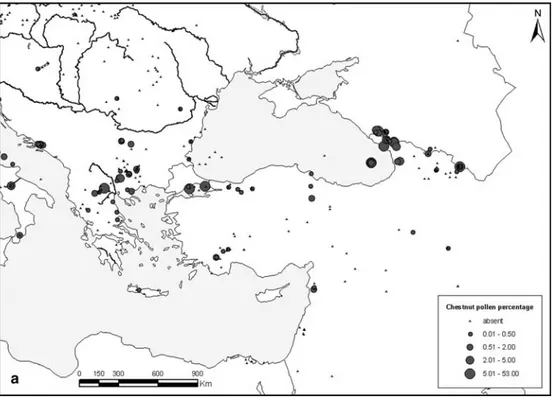 Fig. 8 Distribution map of chestnut pollen percentage 1500 B.P. (approx. A.D. 570) for the Insubrian Region,  in-cluding archaeological sites with chestnut macroremainsFig