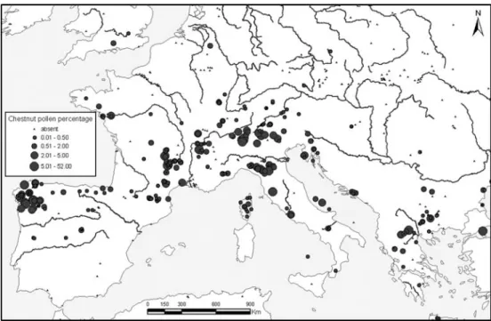 Fig. 11 Distribution map of chestnut pollen percentages 400 B.P. (approx. A.D. 1460) in Europe