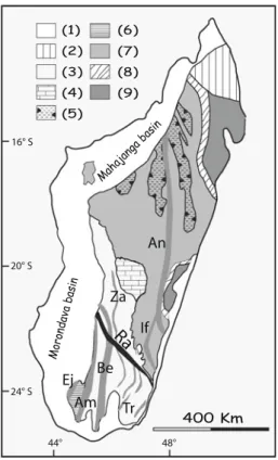 Fig. 1 Madagascar and its position within a central Gondwana reconstruction 250 Ma (modified from Reeves 2008, unpubl., model CR09MZRJ.rot, which is an updated version of model reev519c published in Reeves et al