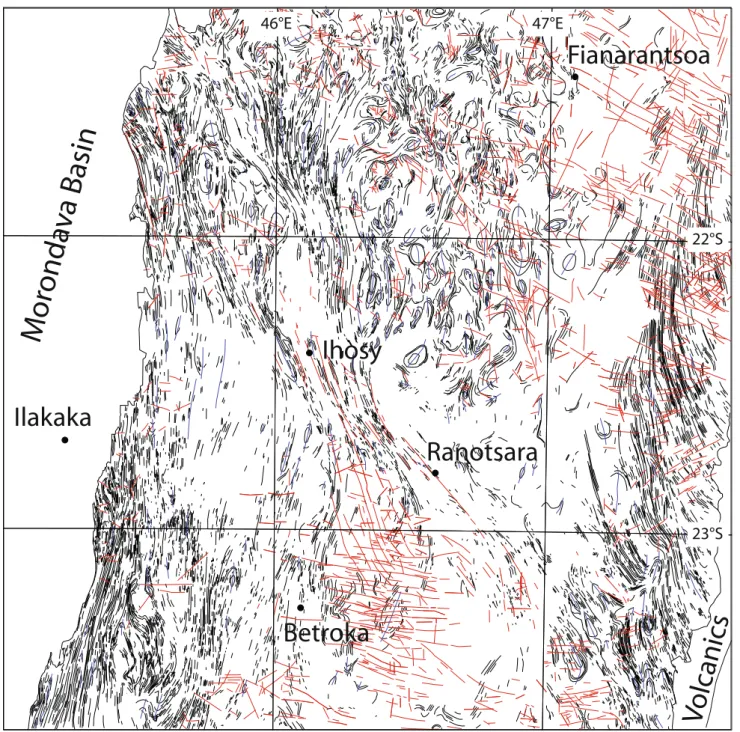 Fig. 6 Main structures of the Ranotsara Zone and surrounding areas. Dark lines are foliation traces, red lines are brittle fractures, and blue lines are axial traces of large-scale ( [ km-scale) folds
