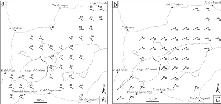 Fig. 11. Structural maps of S 3 foliations (a) and L 3 crenulation lineation (b). 341 field measurements of S 3 and 775 field measurements of L 3 were averaged with inverse distance weighted spatial averaging, using the program SpheriStat 2.1c (Pangaea Sci