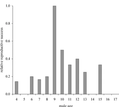 Fig. 2. Relative reproductive success in relation to male age (in years).