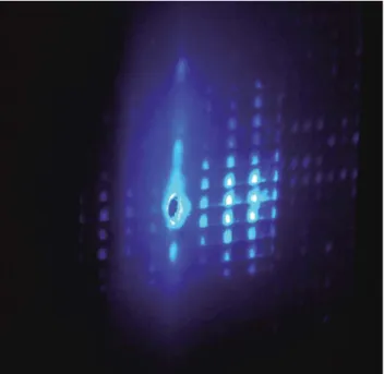 Fig. 3 Picture of the diffraction pattern created after reflection on the MEMS chip (left: hole for the incident beam; right: diffraction pattern).