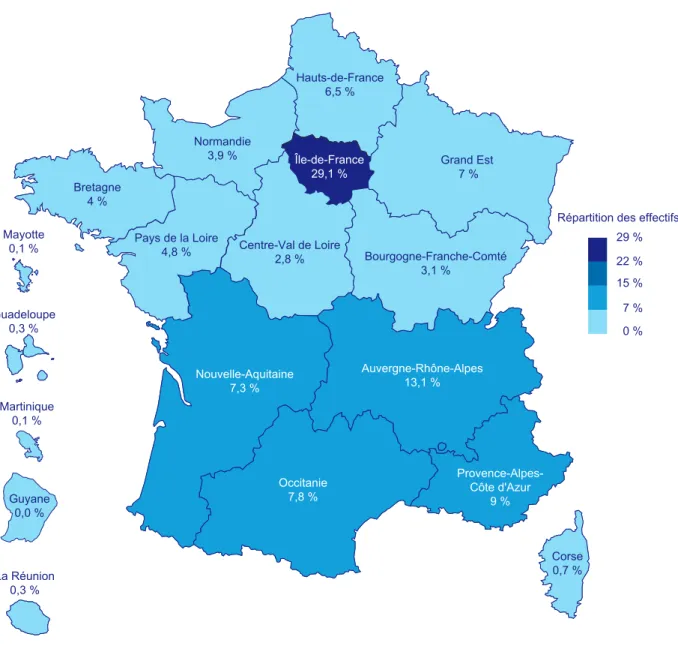 Figure 2 :  Répartition des effectifs faisant l’objet d’une demande d’indemnisation au titre du mois  de février 2021 par région * (en %) 