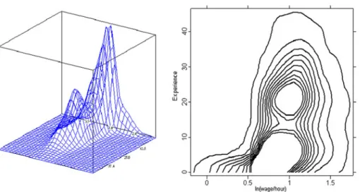 Fig. 3 Density of ln(wage/hour) and Experience in 1995 (male)