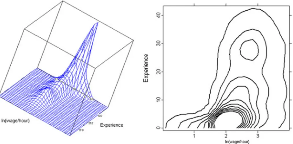 Fig. 5 Density of ln(wage/hour) and Experience in 2002 (male)