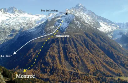 Fig. 5. The P´ eclerey avalanche path. The solid line represents the usual trajectory followed by avalanches (in direction of Le Tour), while the dashed line stands for the exceptional path taken by the 1999 avalanche (toward Montroc).