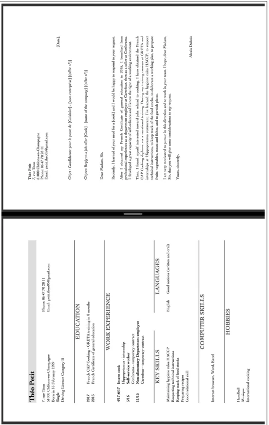 Figure A.2.3: Example of CV and Cover Letter (Cook Trainee - layout 2)