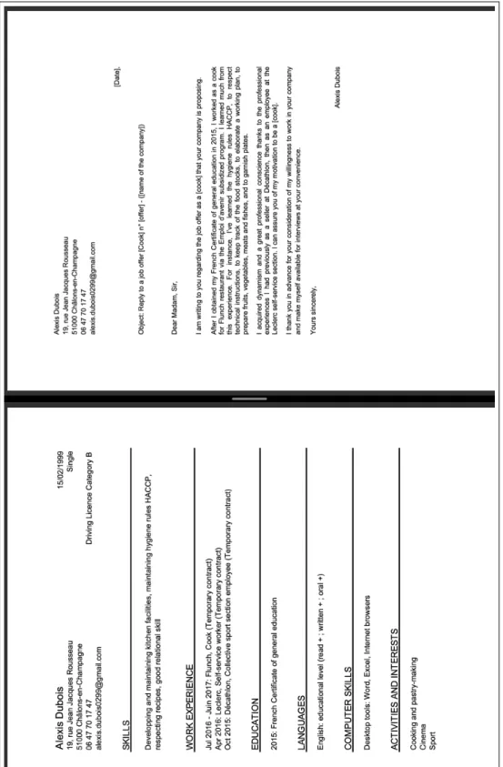 Figure A.2.4: Example of CV and Cover Letter (Cook Worker - layout 1)