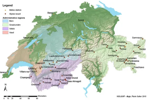 Fig. 1 Location of Alpine resorts and meteorological stations