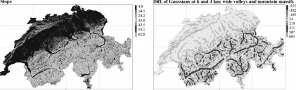 Fig. 10 The slope (in degrees) calculated from DEM. The difference of Gaussians of the widths of 6,000 and 3,000 m provides information on the locations of wide valleys and mountain massifs