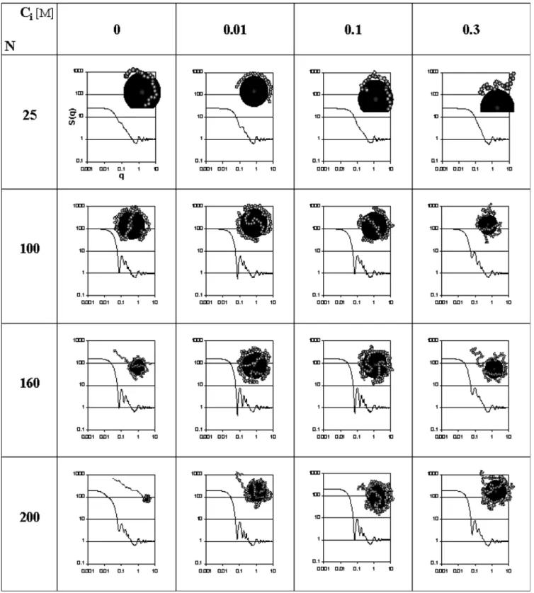 Table 2 Chain scattering functions S(q) and corresponding snapshots of equilibrated conformations of polyelectrolyte–macroion com- com-plexes