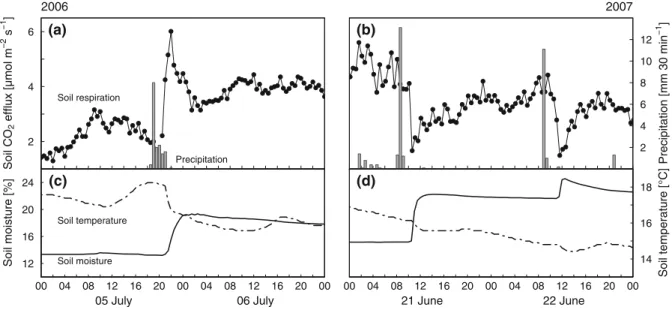 Fig. 5 Impact of heavy rain events on soil respiration. bf a, bf b: the time series of half-hourly SR automated and the amount of precipitation for 2006 and 2007, respectively are shown
