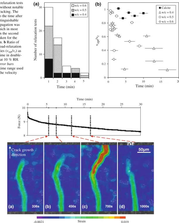 Fig. 7 a 58 relaxation tests at 10 % RH without notable subcritical cracking. The time refers to the time after which no distinguishable crack tip propagation was observed, which in most cases is when the second image was taken for the same location