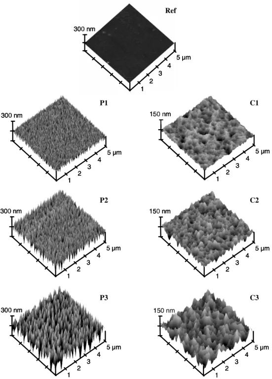 Figure 1. AFM images of the reference (Ref), pyramid-like (P1–P3) and crater-like (C1–C3) structured Cr–N surfaces after coating with a thin silicon-oxide layer