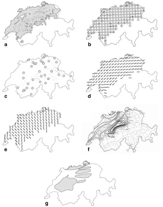 Fig. 1 Spatial distributions of the samples and estimations: a inventoried forest damage from the Lothar storm in Switzerland (black areas) in the inventory area (grey); b simulation of the Lothar storm in Switzerland, grid points buffers 5 km in radius ar