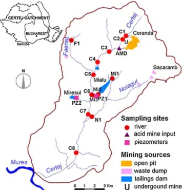 Fig. 2 Localities in the Certej River catchment, well water sampling sites and their arsenic concentrations