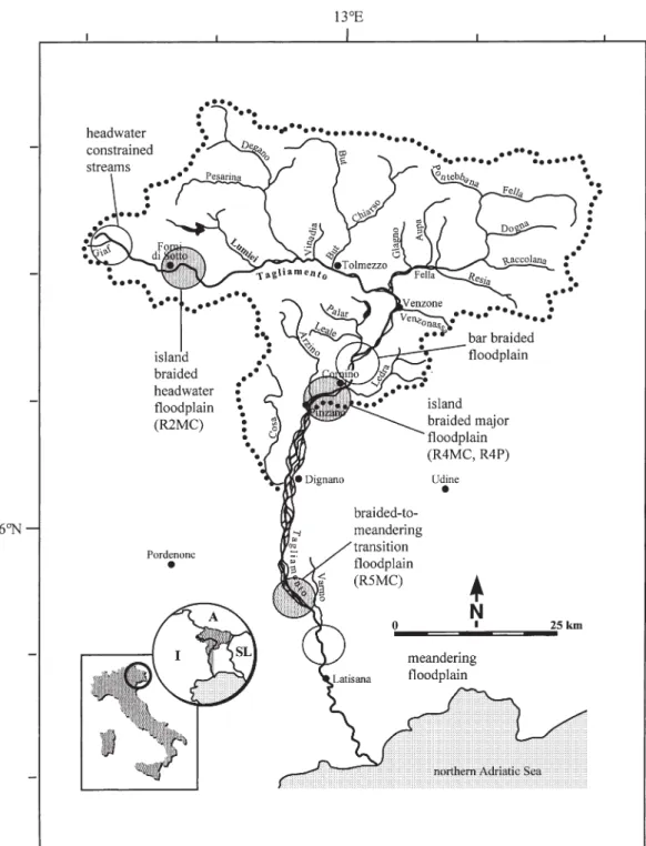 Figure 1. Catchment of the Tagliamento River with sampling sites marked by large grey patches
