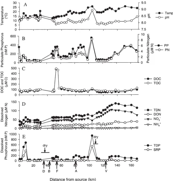 Figure 2. Temperature, pH, and C, N, and P concentrations along the mainstem of the Tagliamento River in August 2001: (A) tempera- tempera-ture and pH, (B) PP and PN , (C) TOC and DOC, (D) TDN, DON, nitrate, and ammonium, and (E) TDP and SRP