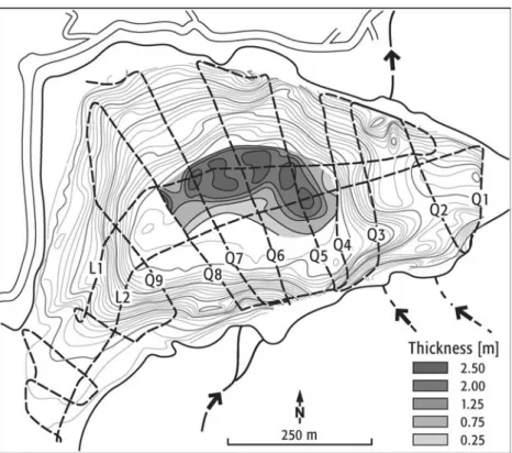 Figure 3. Seismic lines (dashed) and distribution and thickness of the slump of 1597/1598