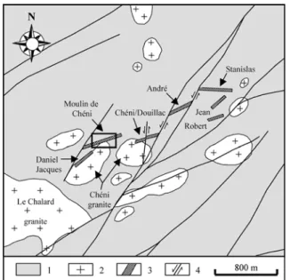 Fig. 3 Location of the main ore bodies along the Che´ni fault zone with indication of the sampled area: 1 mica-rich paragneiss and micaschist, 2 peraluminous leucogranite, 3 mineralized quartz vein emphasizing the Che´ni fault zone, 4 late fault with indic