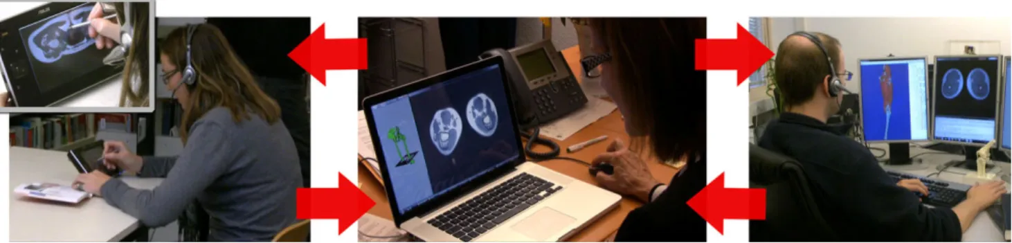Fig. 5 A collaborative segmentation scenario. A teacher (center) uses her laptop to monitor and guide the two students in a collaborative segmen- segmen-tation session, where one student is using a portable device (left), and the other is using a conventio